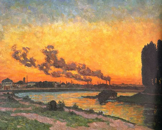 아르망 기요맹, ‘이브리의 일몰’ (Soleil couchant a Ivry·Sunset at Ivry). 1873년. 캔버스에 유채. 세로 81 cm x 가로 65 cm. 프랑스 파리 오르세 미술관 소장.