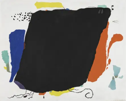 빌리 바우마이스터 (Willi Baumeister), '블랙 팬텀 (Black Phantom·Fantasma negro). 1952년. 판지에 합성수지와 모래를 섞은 기름. 세로 81 x 가로 100cm. 스페인 마드리드 티센 보르네미사 국립 미술관(Museo Nacional Thyssen-Bornemisza) 소장.
