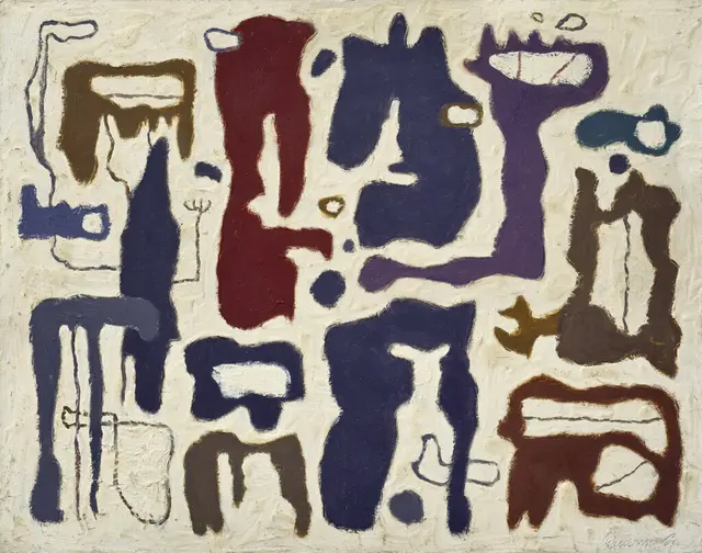 바우마이스터, '아프리카의 이야기'(Afrikanische Erzahlung · African Tale). 1942년. 카드보드 위 레진과 퍼티 오일. 세로 35.5 × 가로 45.5 cm. 독일 슈투트가르트 국립미술관 소장.
