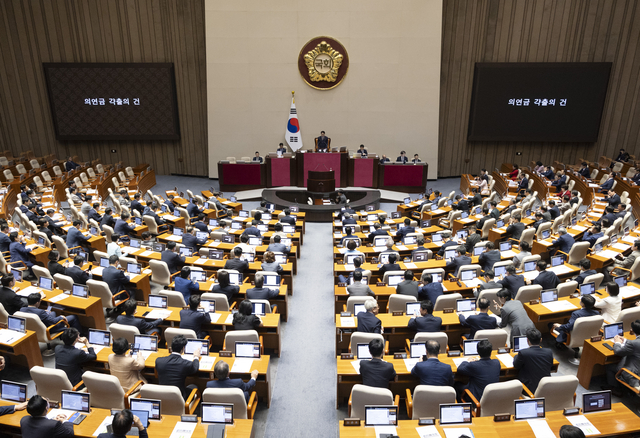 3일 국회에서 열린 제439회 국회 정기회 2차 본회의에서 대홍수로 큰 피해를 본 네팔을 돕는 대홍수 피해 지원을 위한 의연금 갹출의 건이 통과되고 있다. [연합뉴스]