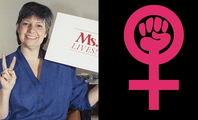 1990년 여성운동 잡지 미즈(Ms.) 편집장으로 활동할 당시의 고(故) 로빈 모건. 오른쪽은 그가 급진 여성운동에 뛰어들 당시  만들어 대중화된 여성운동 상징. 모건은 9월 5일(미 동부 현지시간) 뉴욕에서 향년 85세로 사망했다. [AP=연합뉴스 사진 갈무리]