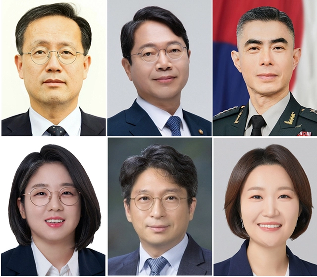 청와대는 이재명 대통령이 지난 8월 30일 경제부총리 겸 재정경제부 장관을 포함한 6곳의 장관 후보자를 지명했다고 밝혔다. 윗줄 왼쪽부터 재정경재부 장관 후보로 지명된 이형일 1차관, 법무부 장관 후보로 지명된 더불어민주당 김승원 의원, 국방부 장관 후보로 지명된 강신철 전 연합사 부사령관. 아랫줄 왼쪽부터 성평등가족부 장관 후보로 지명된 기본소득당 용혜인 의원, 국토부 장관 후보로 지명된 홍지선 2차관, 중소벤처기업부 장관 후보로 지명된 민주당 이소영 의원. [청와대 제공·연합뉴스]