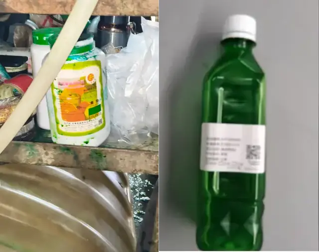 중국 ‘다레이의 식품 과학보급 일상’(大雷的食品科普日常) 블로거가 현지 언론 등에 제보한 식품첨가물 색소 용액 제품 추정 사진. ‘과일녹색’ 복합 착색제(왼쪽)와 타르트라진·브릴리언트블루가 시료에서 검출된 첨가물 용기(오른쪽).