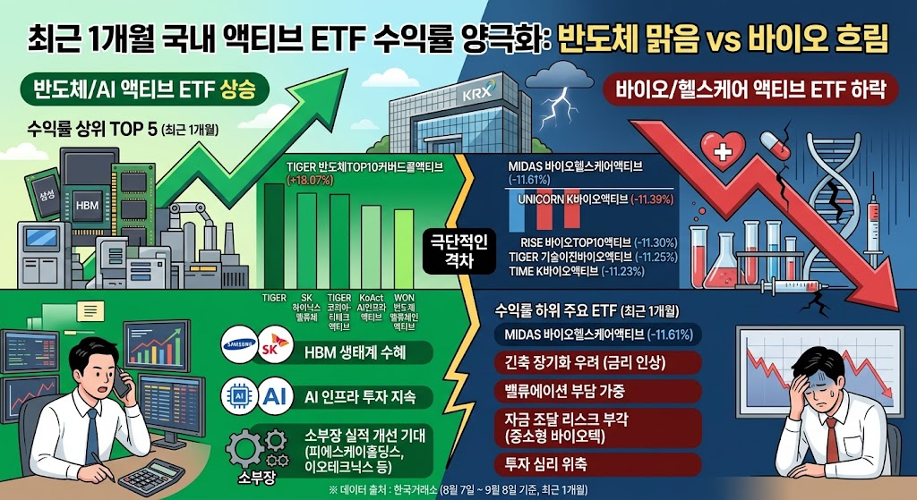 '반도체 웃고 바이오 울고'... 액티브 ETF 한달새 30%p 격차 - 뉴스 썸네일 이미지