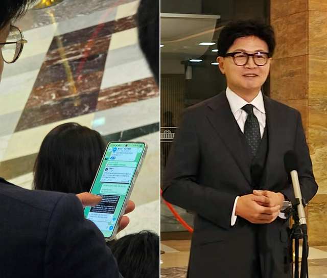 한동훈(오른쪽) 무소속 국회의원이 10일 오후 국회 본청 본회의장 앞 로텐더홀에서 취재진과 질의응답을 하던 도중, 신원불상의 남성(왼쪽)이 김승원 법무부 장관 후보자 신약 청탁 식약처장 전달 정황 수사자료 ‘검찰→한동훈 의원실 유출’을 사실로 전제한 한성숙 국무총리의 ‘확인 지시’를 옹호하며 한 의원에게 공격적인 질문과 발언 끊기를 거듭했다. 이 남성은 국무총리실 소속 이병호 총괄기획과장으로 확인됐다. 한 의원은 이병호 과장이 “일반인”을 참칭하며 질문을 거듭하다가 물러날 당시 “재미있는 분이네요”라며 허탈한 듯 웃음을 지었다. [한동훈 국회의원 페이스북 게시 사진·유튜브 ‘한동훈’ 영상 갈무리]