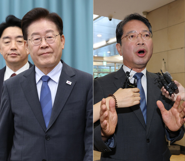 이재명 대통령이 지난 9월 11일 청와대에서 수석보좌관회의에 입장하고 있는 모습(왼쪽), 같은 날 김승원 법무부 장관 후보자가 서울 종로구 적선현대빌딩에 마련된 인사청문회 준비 사무실로 출근하며 취재진의 질문에 답하는 모습(오른쪽). [청와대통신사진기자단·연합뉴스 사진 갈무리]
