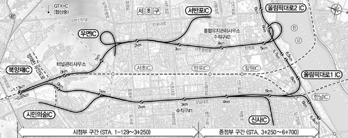 양재∼올림픽대로 간 지하도로 민간투자사업 계획 노선(진한선). [서울시 제공]