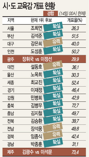 교육감도 진보 진영 압승… 13곳 이상 석권